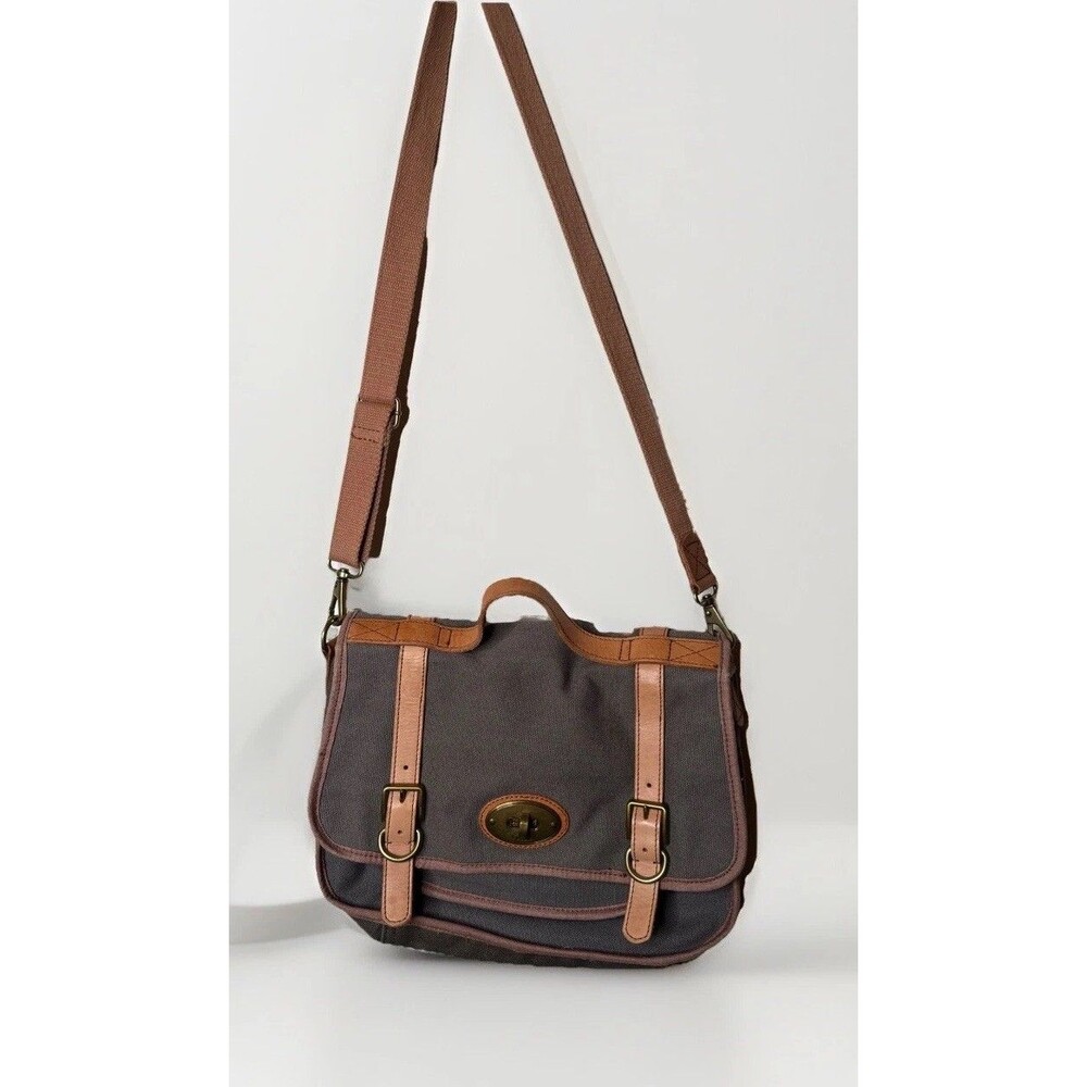 Vintage Authentic Fossil Issue 54 Brown Gray Canvas  Flap Messenger Bag